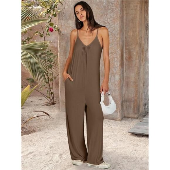 Women Summer Casual Boho Wide Leg Jumpsuits Brown - Picture 5 of 6